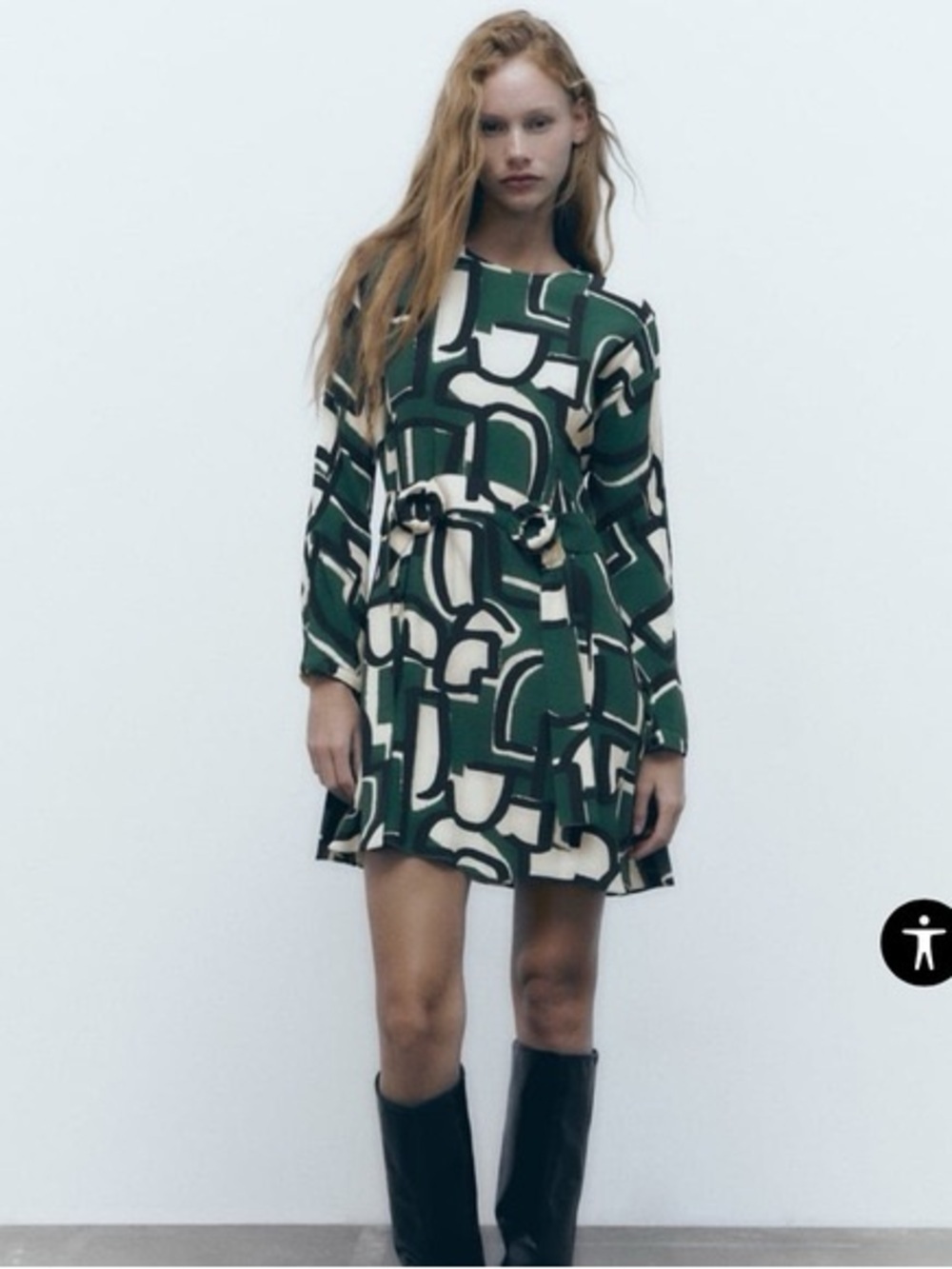 Zara “Frida Dress” Green and Cream Abstract Long-Sleeve Mini Dress. Small